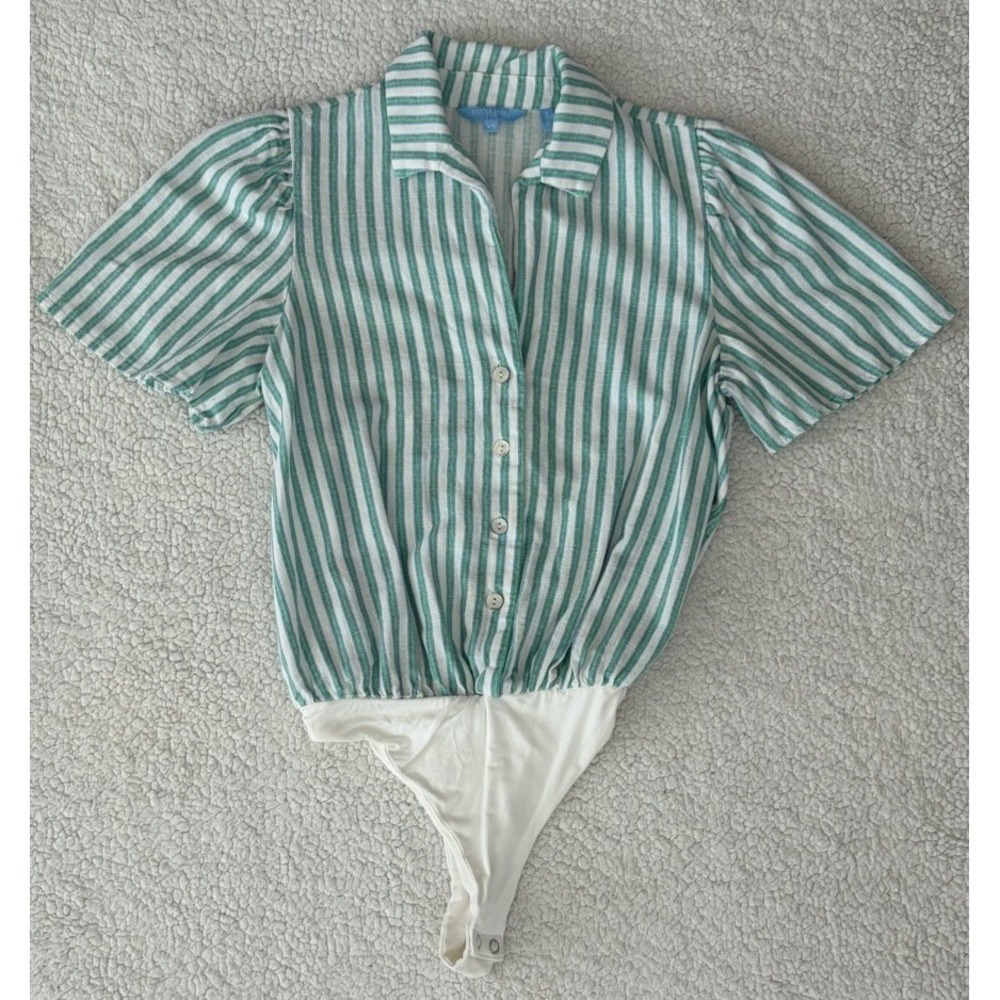 Womens Linen Bodysuit Shirt Green Striped Button Front Short Sleeve Collared XS